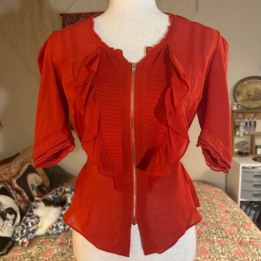 Isabel Marant Red Qing Silk and Lace Blouse w/ Ruffles and Zipper Details
